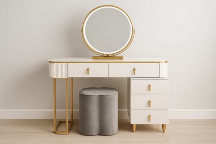 Tocador Dorado con Blanco y espejo redondo